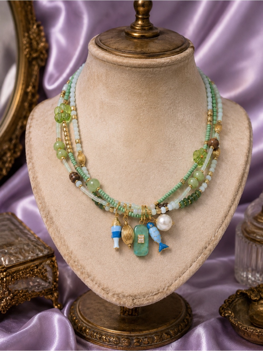 Seafoam Treasure Mint Beaded Charm Necklace - Picture 4 of 16